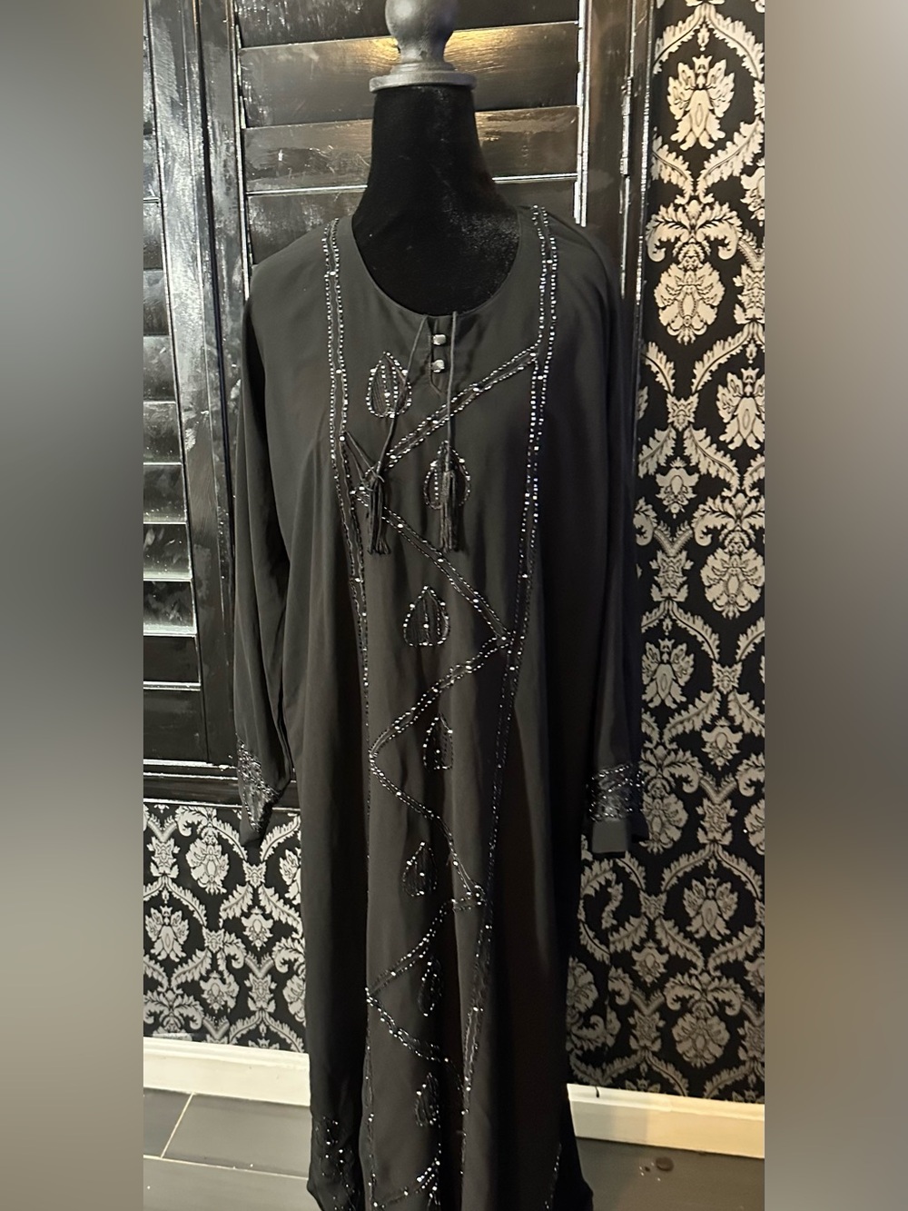 Beaded Black Long Abaya with Tassel Tie